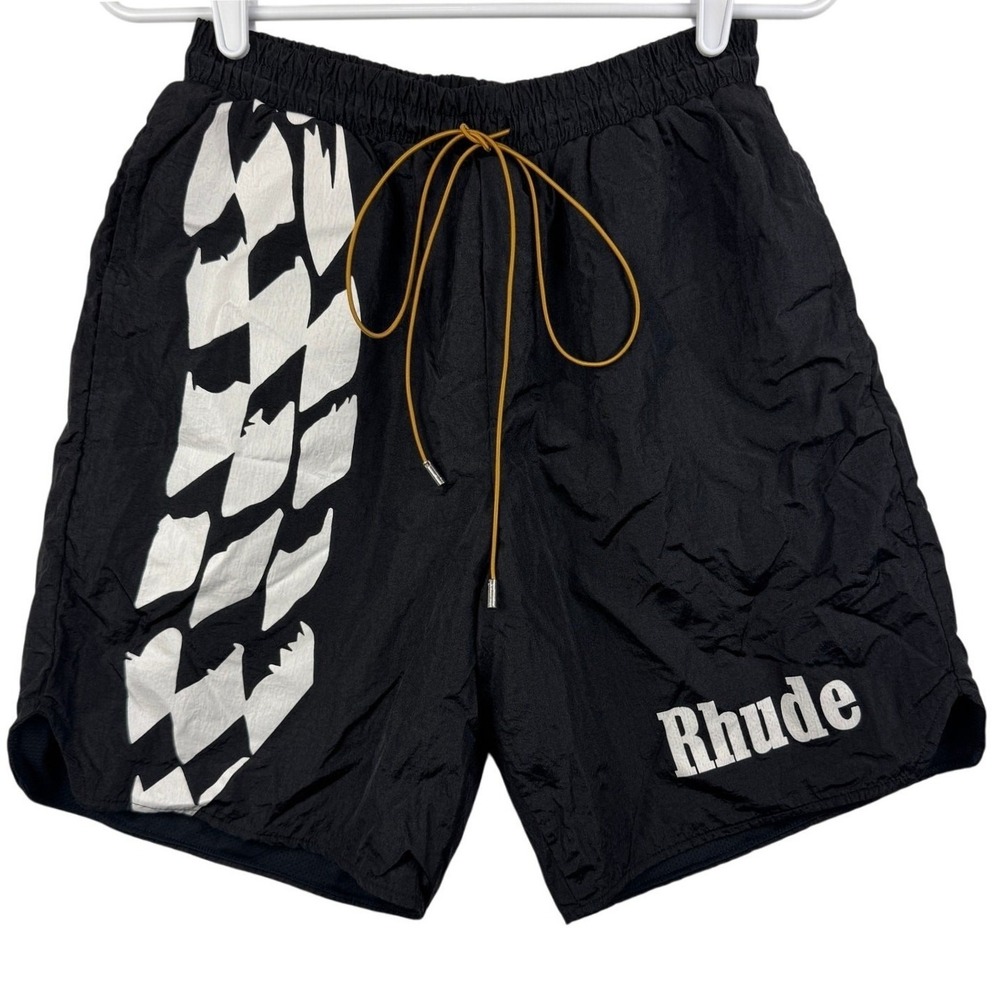 Rhude Black Athletic Shorts with White Graphic & Brown Drawstring